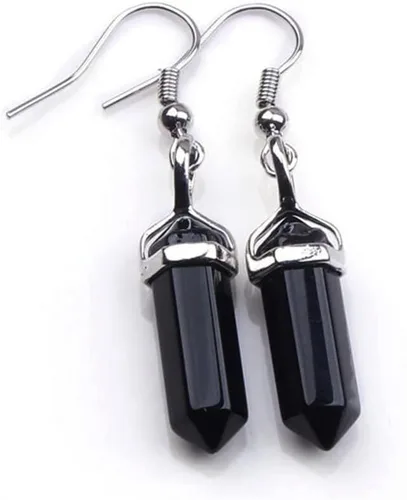 Vista 2 de Pendientes de ágata negra con columna hexagonal de cristal curativo natural, aretes colgantes de piedra amatista, joyería para mujer 2892E