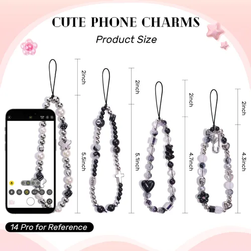 Vista 3 de 4 piezas de lindos encantos para teléfono con estilo Y2K, correa de muñeca para celular con cuentas brillantes, oso, cruz, corazón, accesorios