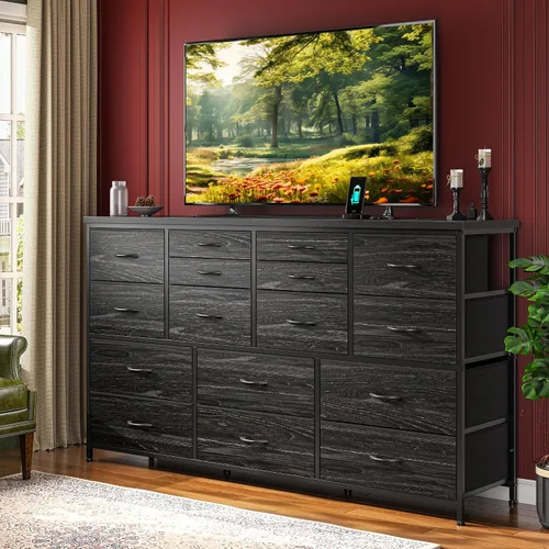 Vista 8 de Romorgniz Cómoda para dormitorio con 16 cajones de tela, cómoda larga con estación de carga, soporte de TV para televisor de 60" cómodas y cajoneras