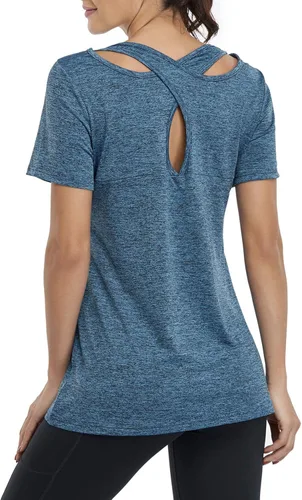 Vista 2 de Kimmery - Blusa de yoga para mujer, manga corta, cuello redondo, espalda cruzada