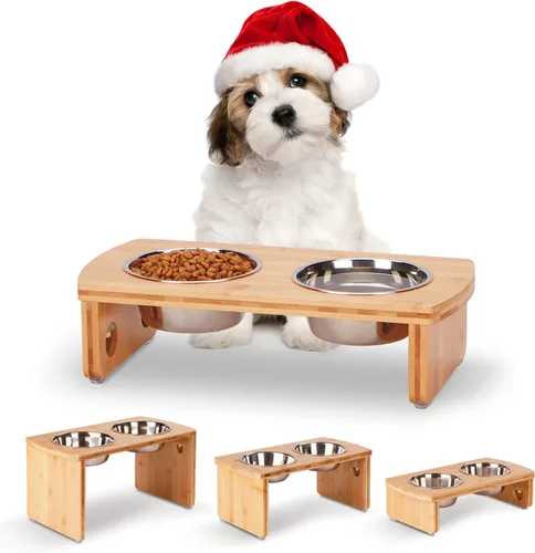 Vista 22 de Cuencos elevados para perros, cuenco elevado de bambú para perros y gatos pequeños, con 2 cuencos de acero inoxidable