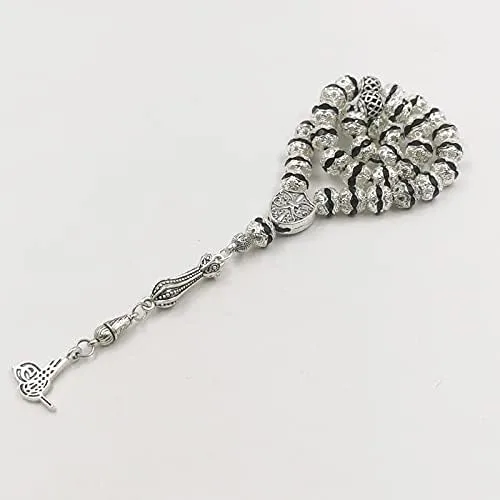 Vista 4 de Las mujeres Tasbih metal color plata rosario cuentas incrustadas cristal negro musulmán misbaha (0.315 in x 33 cuentas)