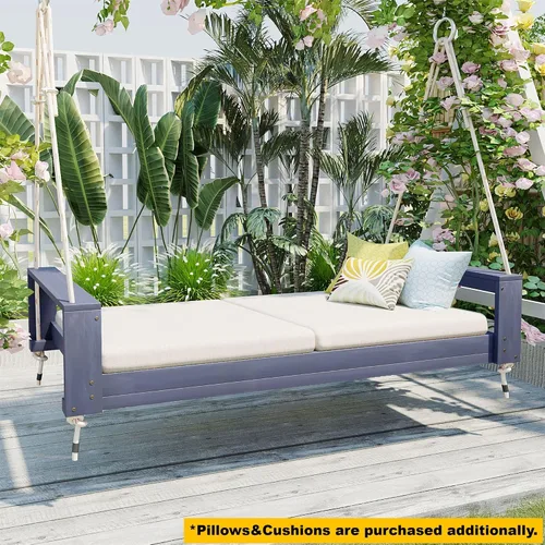 Vista 2 de Merax Columpio de madera de acacia para patio y jardín, sofá cama de día con cuerdas de cáñamo, fácil de montar, gris
