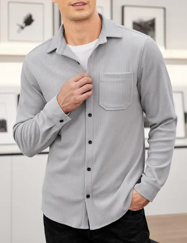 Vista 2 de COOFANDY Camisa de pana para hombre, estilo chaqueta ligera, de manga larga, con botones