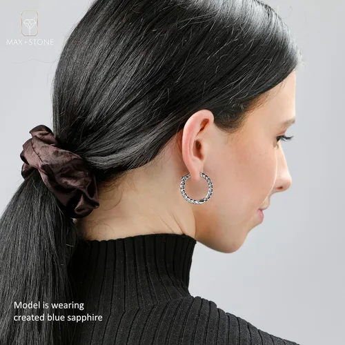 Vista 3 de MAX + STONE - Aretes de aro con piedras preciosas para mujer en plata de ley 925 de 1 pulgada de diámetro y piedra natal de 0.118in con poste