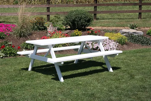 Vista 23 de Amish-Made - Mesa de picnic rectangular de pino para exteriores de 44 pulgadas con bancos adjuntos, color negro Negro (Black Paint)