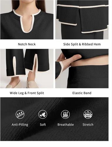Vista 5 de SuperPrity Conjunto de 2 piezas de suéter para mujer, con cuello de muesca, manga larga, suéter de punto y pierna ancha