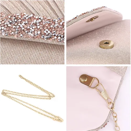 Vista 5 de Naimo Aleta deslumbrante bolso de embrague bolso de noche con cadena desmontable Champagne01 Plisado