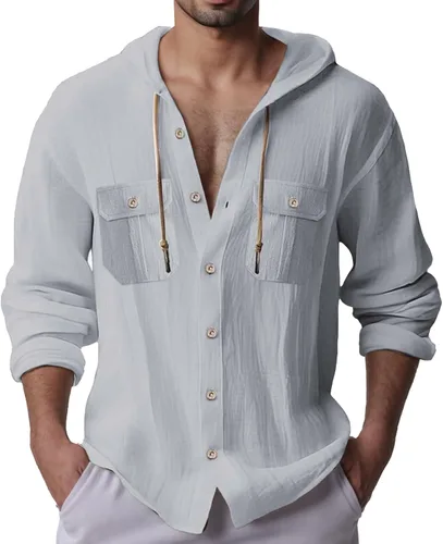 Vista 5 de Sudaderas con capucha de lino y algodón para hombre, camisas guayabera de manga larga con capucha con cordón y botones, camisas de playa