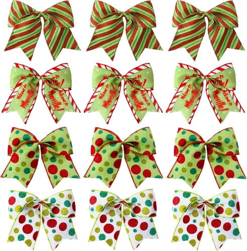 Vista 8 de DIYDEC 12 lazos ornamentales de Navidad de 6.3 pulgadas, lazos grandes para corona de Navidad, rojo y verde, lazos para árbol de Navidad con puntos
