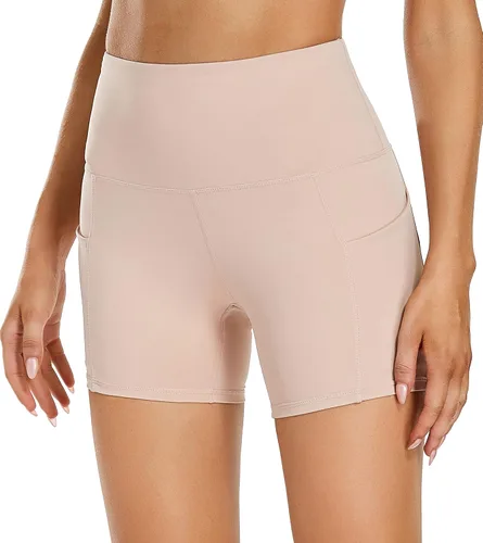 Vista 4 de Oalka Pantalones cortos de yoga para mujer, con bolsillos laterales, cintura alta, para entrenamiento, correr, deportes, 4 pulgadas