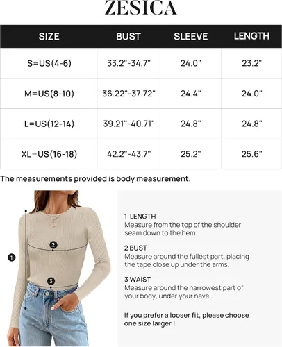 Vista 6 de ZESICA Camisetas de manga larga con cuello redondo para mujer, para otoño, de punto acanalado, ajustadas, casuales, color sólido, básicas