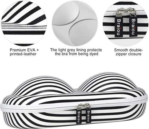 Vista 3 de Bra Case Premium - Bolsa de viaje para lencería con cremallera, bolsa organizadora para copa A-C (rayas negras)
