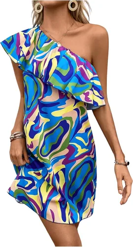 Vista 4 de Floerns Vestido tipo túnica con volantes y escalonado de un hombro para mujer