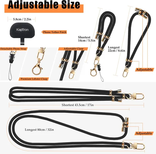 Vista 3 de Kaptron 2 cordones para teléfono celular: correa universal ajustable para teléfono y correa de muñeca, con 2 clips de langosta y 2 parches