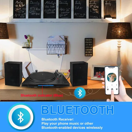Vista 3 de Tocadiscos para vinilo con altavoces, tocadiscos Bluetooth de 2 velocidades, con contrapeso ajustable, soporte RCA, sistema estéreo para el hogar