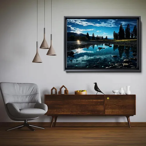 Vista 5 de Cool Wall Art Landscape Mountains Nature print Prints Minimalist Modern Home Artwork Decoration Night Sky With Stars, Framed Canvas Print