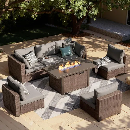 Vista 11 de Juego de muebles de patio al aire libre, 7 piezas, sofá seccional de mimbre con cojines y mesa de té, sofá de conversación de ratán para patio Beige