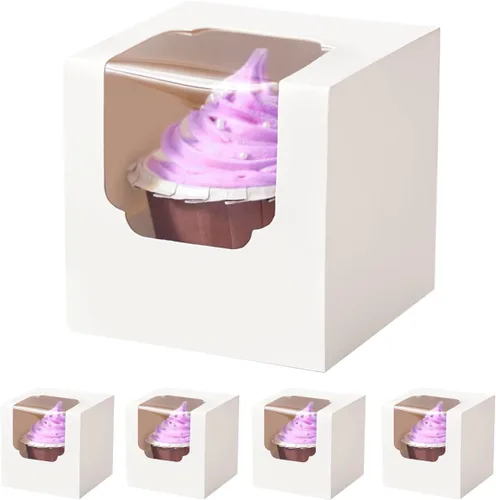 Vista 14 de Cajas para cupcakes para el día de la madre con ventana e insertos, 15 recipientes blancos premontados para cupcakes individuales para el día
