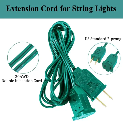Vista 4 de [30 pies] Paquete de 5 cables de extensión de luz de Navidad de 6 pies Verde-paquete de 5