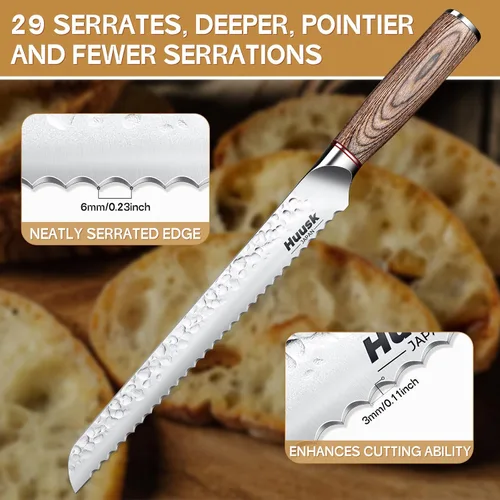 Vista 3 de Huusk Cuchillo de pan de 10 pulgadas Japón profesional de acero de alto carbono forjado a mano, cuchillos dentados ultra afilados de borde ondulado