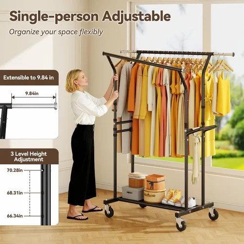 Vista 3 de Perchero de ropa resistente: 800LBS Perchero de ropa con ruedas para colgar abrigos, barras dobles, estantes de tela portátiles con ruedas Estante