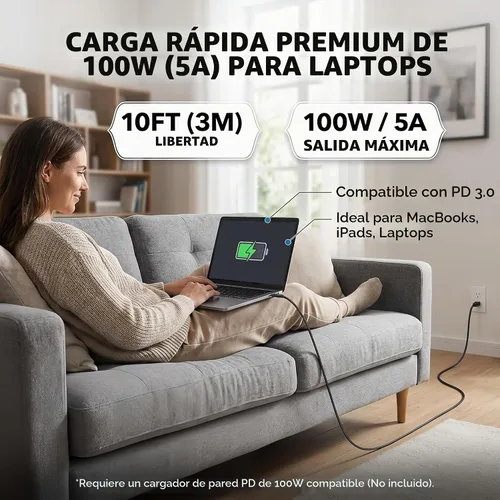 Vista 4 de Paquete de 3 cables de carga rápida USB C a USB C para cable cargador Negro 1x3ft+1x6ft+1x10ft-5A