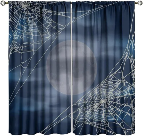 Vista 27 de Cortinas opacas de tela de araña aterradora para niños, tela de araña en blanco y negro, fondo rojo, dormitorio de niños, guardería, decoración