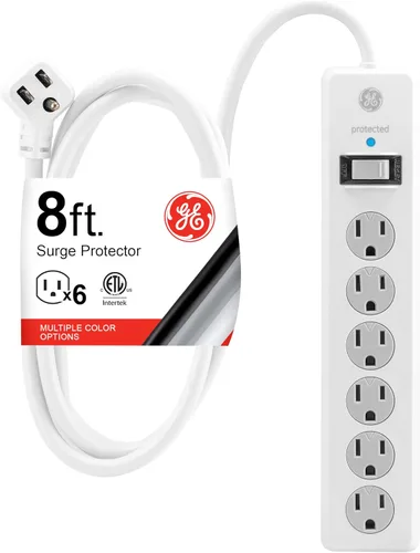 Vista 13 de GE Protector contra Sobretensiones con Regleta de Enchufes, Cable de Extensión de 4 Pies, Extensor de 6 Tomas, 800 Julios, Enchufe Plano, Cubiertas