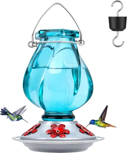 Vista 10 de BOLITE - Alimentador de colibríes, de vidrio soplado a mano, para colgar en exteriores, con trampa para hormigas y 5 puertos de alimentación, 22
