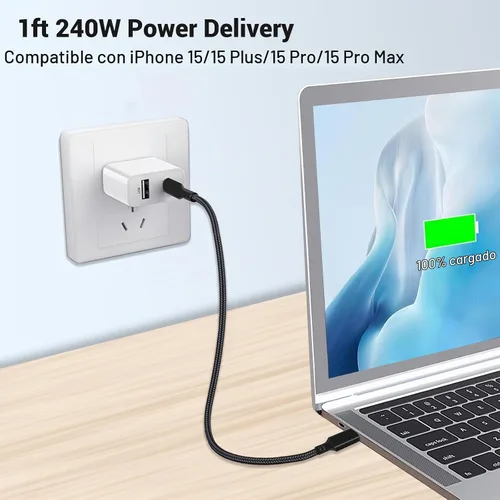Vista 2 de Cable USBC de 240 W de 1 pie, cable corto USB C a USB C compatible con iPhone 15 Pro/15 Plus/15 Pro Max, MacBook Pro/Air, iPad Pro/Air, Dell XPS