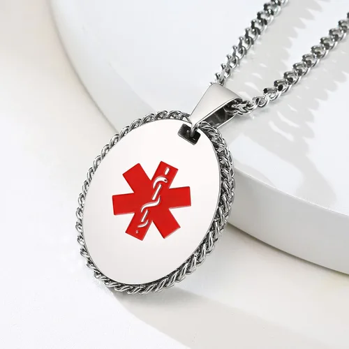 Vista 118 de VNOX Collar con colgante personalizado de acero inoxidable con grabado personalizado para identificación de alerta médica de emergencia para hombres