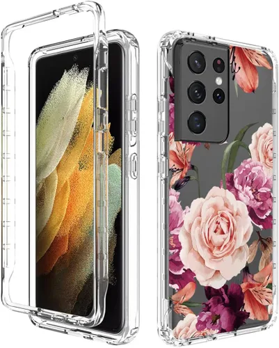 Vista 6 de Funda para Galaxy S21 Ultra 5G, SM-G998U con protector de pantalla de vidrio templado, cuerpo completo transparente con protección floral