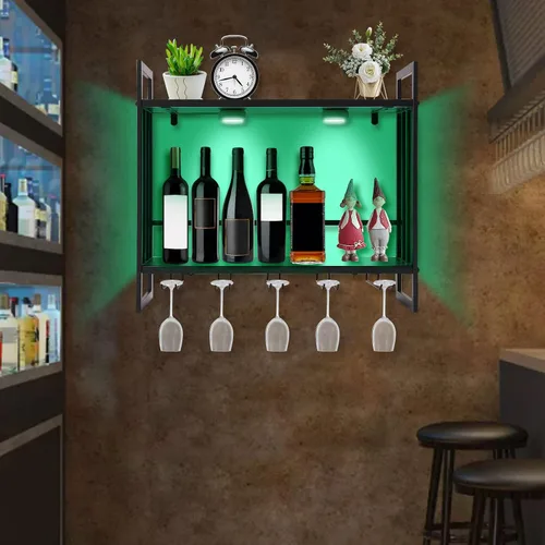 Vista 4 de Estante de vino LED montado en la pared, estante para botellas de vino, soporte de metal para colgar vino con 5 soportes de vidrio para almacenar