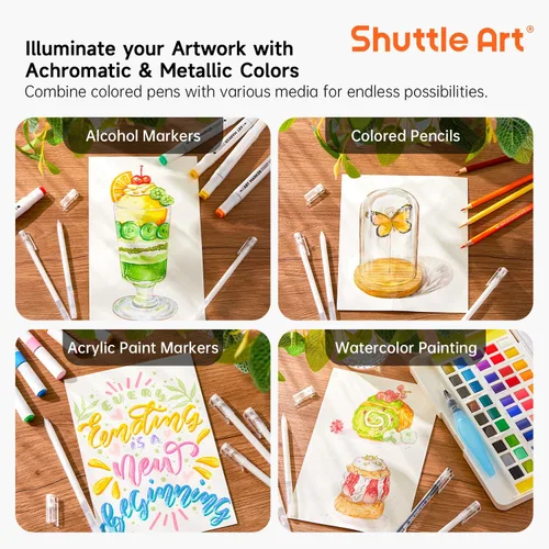 Vista 7 de Shuttle Art - Bolígrafos de colores, 22 tonos negro, blanco, gris y metálico, lindos bolígrafos para diario, 0.6mm de punta fina, bolígrafos de gel