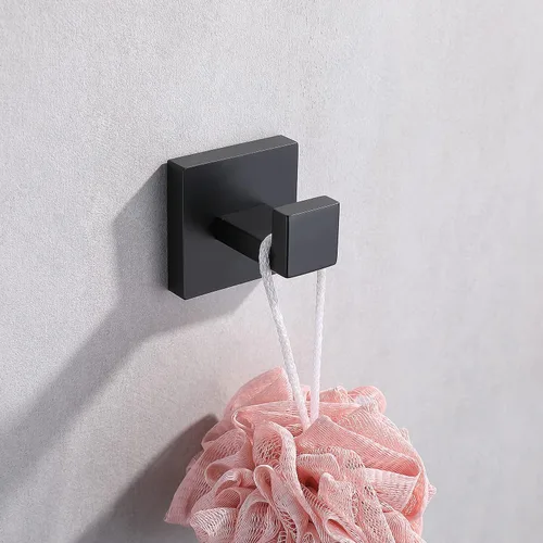 Vista 2 de Paquete de 2 ganchos para toallas de baño color negro mate, acero inoxidable, cuadrado, para toalla, abrigo, montaje en pared, inodoro, cocina