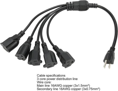 Vista 5 de Divisor de cable de alimentación de 5 vías, 3 clavijas de 1 a 5 salidas, ahorro de espacio 16AWG 18AWG para luz LED de escenario de computadora