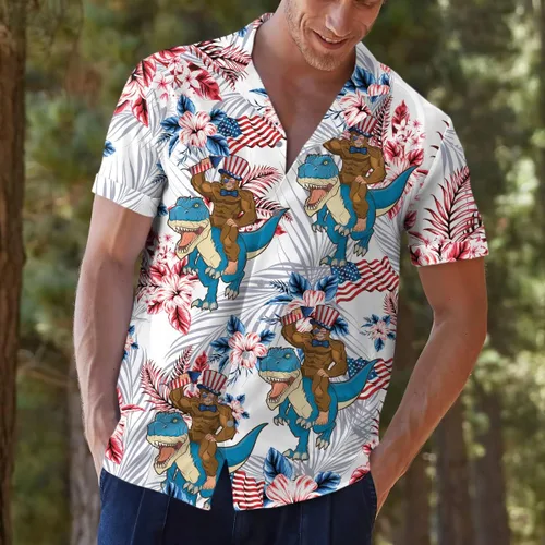 Vista 6 de American Bigfoot - Camisa hawaiana para hombre, divertida camisa hawaiana con botones Sasquatch de manga corta para hombre