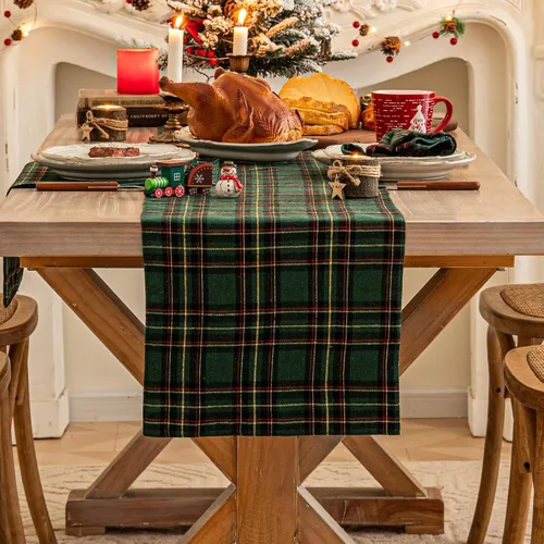 Vista 19 de Camino de mesa de Navidad a cuadros beige, caminos de mesa de vacaciones de invierno de 72 pulgadas de largo, decoraciones de Navidad para Cuadros