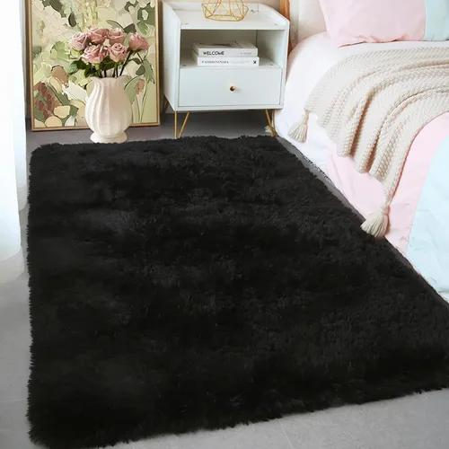 Vista 69 de KICHOWUA - Tapete grueso y esponjoso de 3 x 5 pies, color negro, ultrasuave, lavable, antideslizante, acogedor y peludo, para sala, dormitorio