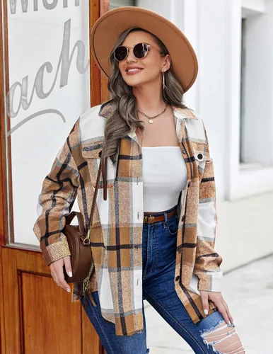 Vista 3 de IN'VOLAND Chaqueta de franela a cuadros de manga larga con botones para mujer, tallas grandes, blusas casuales de otoño
