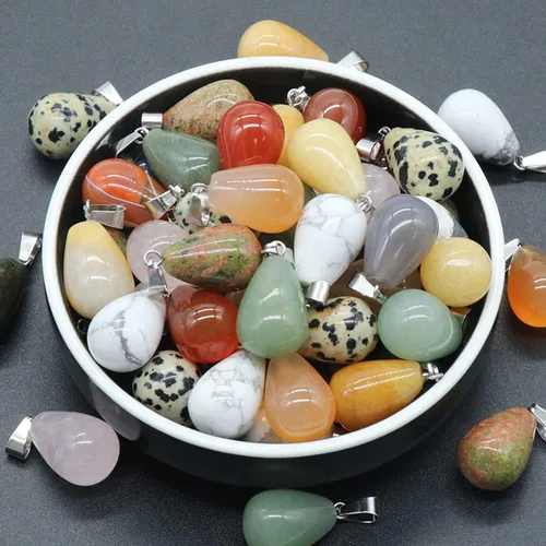 Vista 7 de LE SKY 20 colgantes de piedra natural, redondos, forma de gota de agua, ágata, cristal curativo, dijes de piedra curativa, bricolaje para hacer joyas
