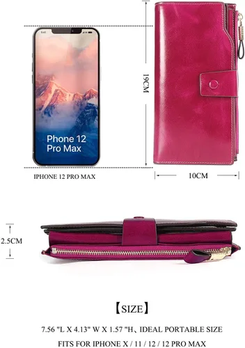 Vista 5 de Demon&Hunter Cartera de piel auténtica con bloqueo RFID de gran capacidad para mujer DZA2083, DZA2083R x Rosa, Cartera RFID