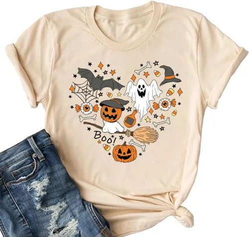 Vista 27 de Woffccrd - Camisetas divertidas con estampado de calabaza y leopardo para mujer, camisetas gráficas de manga corta de Halloween para mujer