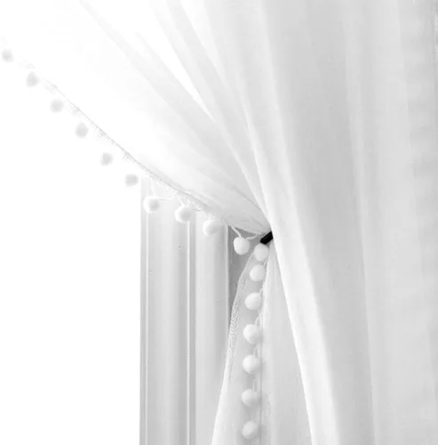 Vista 23 de MISS SELECTEX Cortinas semitransparentes con aspecto de lino y borlas de pompones - Cortinas de gasa semitransparentes con bolsillo para varilla