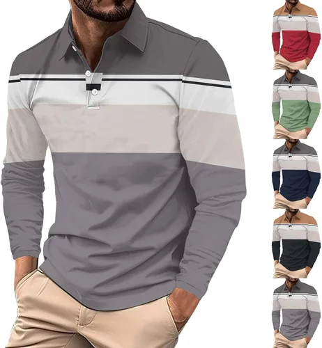 Vista 3 de Camisas polo de manga larga con estampado a rayas para hombre, camiseta de golf para exteriores, cuello en V, camiseta clásica de negocios