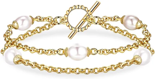 Vista 11 de Pulsera de perlas de oro para mujer, chapado en oro de 14 quilates, pulsera de perlas delicadas de doble capa, elegante regalo de joyería apilable