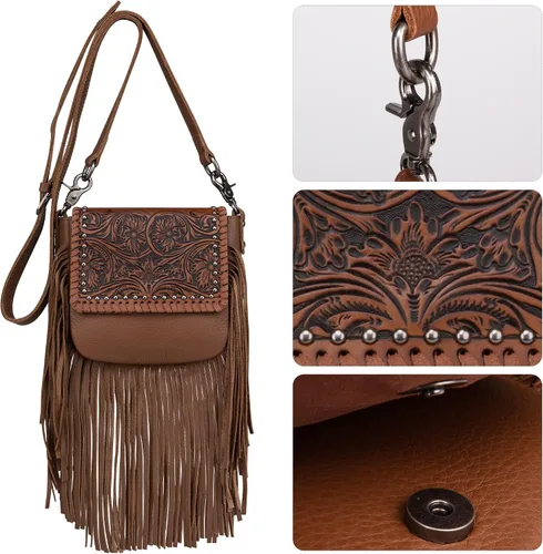 Vista 3 de Montana West Bolso bandolera occidental de cuero genuino con flecos para mujer