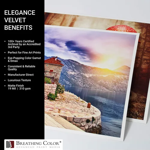 Vista 7 de Elegance Velvet de 8.5 x 11 pulgadas, 25 hojas es un papel de inyección de tinta de alta calidad mate de 310 gsm, blanco brillante prensado en frío