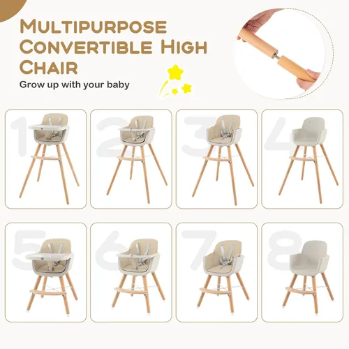 Vista 2 de BABY JOY Trona convertible para bebé, 3 en 1, silla alta de madera/asiento elevador/silla con bandeja extraíble, patas ajustables, arnés de 5 Beige